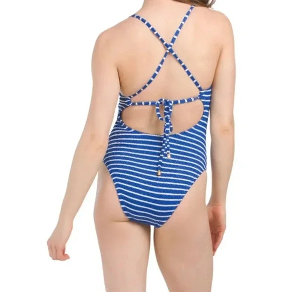 Lucky Brand Keyhole Detail Striped One-piece Swimsuit - Size L - Navy Stripe NWT